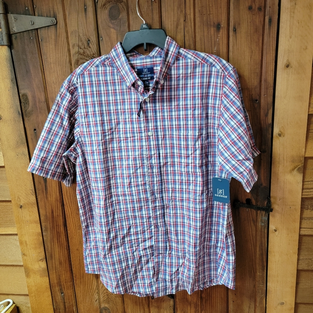 George Men's Short Sleeve Stretch Plaid Classic Fit Large (42-44) shirt.